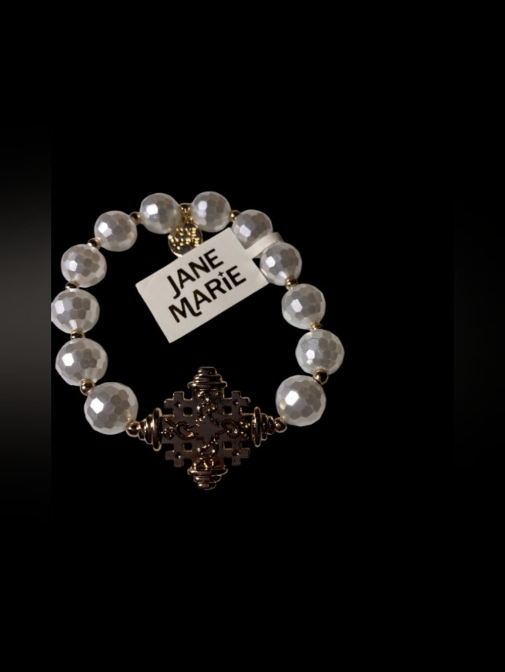 NWT Anne Marie Faceted White Pearl Glass Bead Bracelet with Gold Filigree Charm